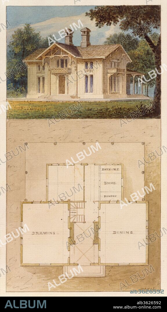 Design for a Cottage-Villa in the Bracketted Mode, Constructed in Wood (perspective and plan). Artist: Alexander Jackson Davis (American, New York 1803-1892 West Orange, New Jersey). Dimensions: sheet: 9 3/16 x 5 11/16 in. (23.4 x 14.5 cm). Published in: New York; London. Date: ca. 1842.