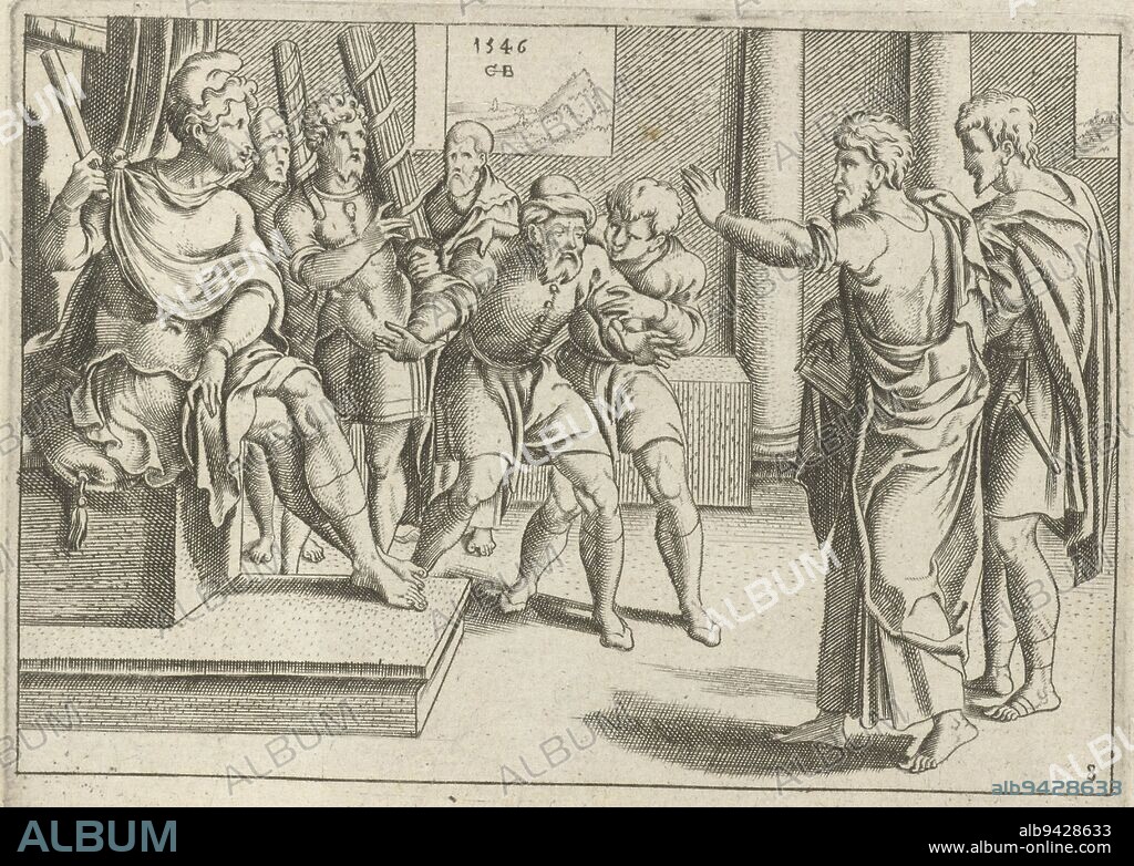 Paul and Barnabas stand before the proconsul Sergio Paulus to tell him of the word of God. The magician Barjesus who tries to keep the proconsul away from the faith is blinded by Paul. Print from a series of 10 prints with scenes from the life of the apostle Paul, Paul makes Elymas blind The life of Paul (series title), print maker: Cornelis Bos, (mentioned on object), Groningen, 1546, paper, engraving, h 84 mm × w 115 mm.
