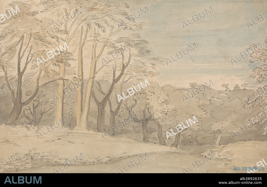 WILLIAM BLAKE. A Woody Landscape. Date/Period: Ca. 1801. Painting. Watercolor and graphite on cream-colored paper (Watercolor and graphite on medium, slightly textured, cream laid paper). Height: 149 mm (5.86 in); Width: 229 mm (9.01 in).