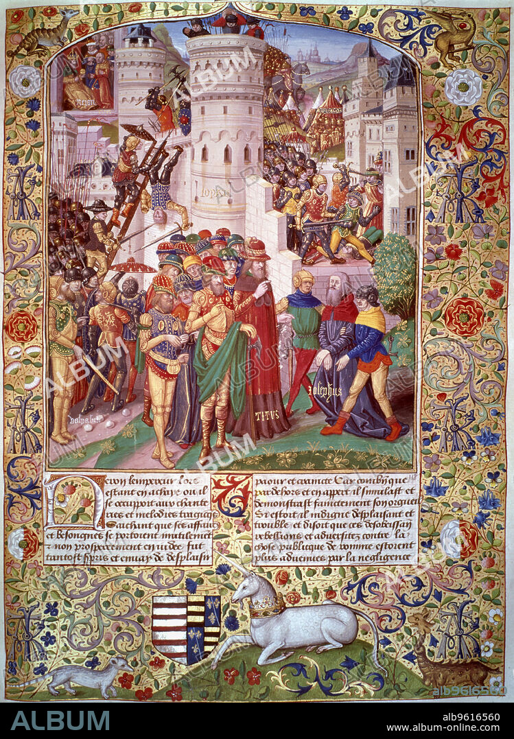 Flavius Josephus brought before Titus, at the Siege of Jerusalem, 70. Flavius Josephus (c37-c100), Jewish historian and soldier, is brought before Titus (39-81), eldest son of the Emperor Vespasian and commander of Roman forces in Judea during the Jewish revolt against Roman rule which began in 66. The Romans destroyed the city and looted the Temple. Flavius Josephus' History of the Jewish War (79) is the principal historical source on the revolt, which ended when the Romans captured the Jews' last stronghold at Masada in 73. Titus became Emperor in 79 and his exploits in Jerusalem are commemorated on the Arch of Titus, a triumphal arch built at the entrance to the Forum in Rome shortly after his death.