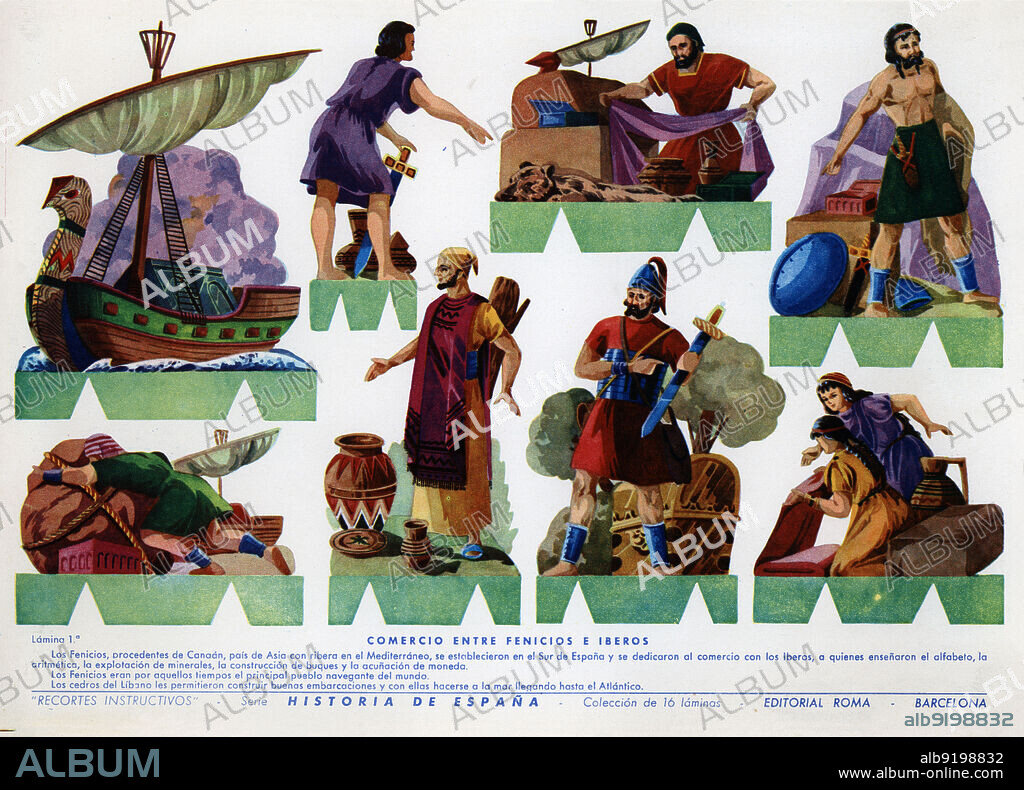 España. Hoja recortable infantil instructivo. Historia de España. Comercio entre fenicios e íberos. Lámina número uno. Editorial Roma, de Barcelona. Años 1950.