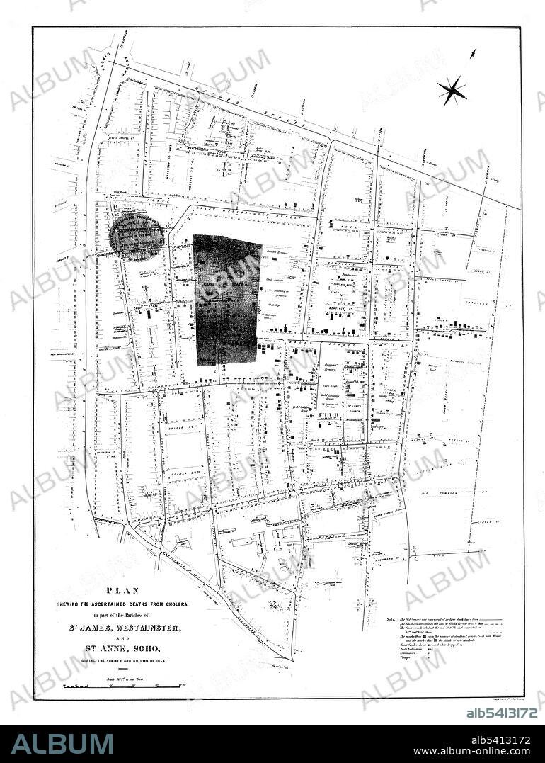Plan showing the ascertained deaths from cholera, St. James, Westminster and St. Anne, Soho 1854. The Broad Street cholera outbreak (Golden Square outbreak) was a severe outbreak of cholera that occurred in 1854 near Broad Street (now Broadwick Street) in the Soho district of London, England. This outbreak, which killed 616 people, is best known for the physician John Snow's study of its causes and his hypothesis that contaminated water, not air, was the source of cholera. This discovery came to influence public health and the construction of improved sanitation facilities beginning in the mid-19th century.
