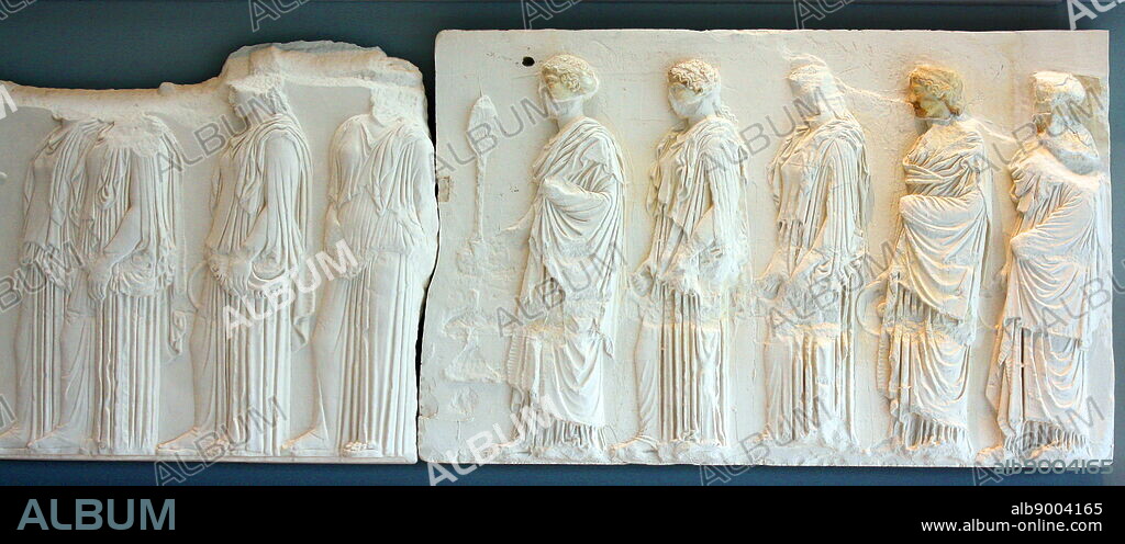 The procession of girls continues with five female figures wearing chitons or peploi with himatia and holding philai, except for the first who carries an incense burner.