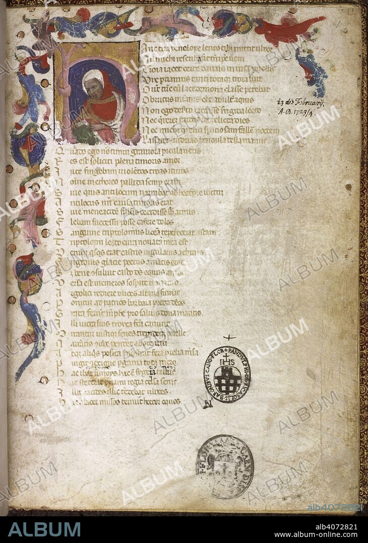 OVID (PUBLIUS OVIDIUS NASO). Partial foliate border with an historiated initial 'H'(anc) of Ovid holding a book. Epistolae. Italy, N.; 2nd half of the 14th century. Source: Harley 2758, f.1. Language: Latin.