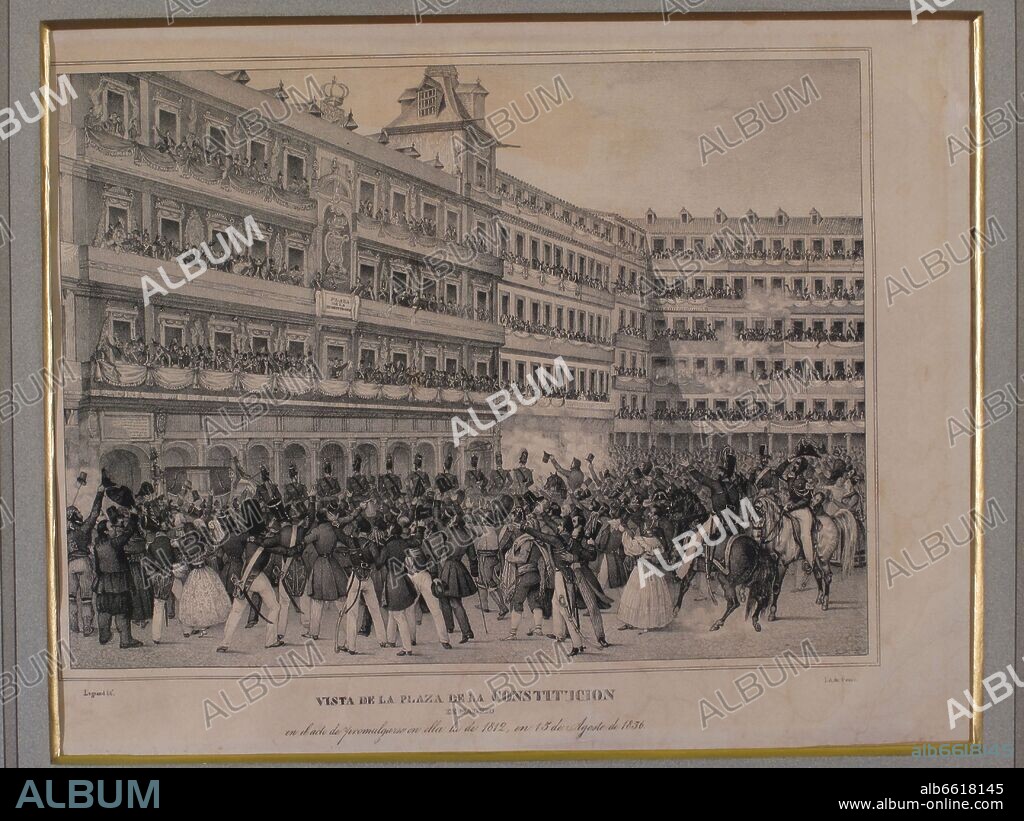 LUIS CARLOS LEGRAND. VISTA DE LA PLAZA DE LA CONSTITUCION DE MADRID EN EL ACTO DE PROMULGACION DE LA CONSTITUCION DE 1812 EL 15 DE AGOSTO DE 1836 - GRABADO SIGLO XIX.