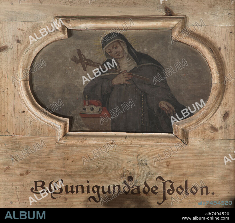 Kinga of Poland (also known as Cunegunda); Saint an patroness onf Poland and Lithuania; 5 March 1224 - 24 July 1292. - "Saint Kinga of Poland". - Painting, mid-18th century, by "M. Shiele". From the series of paintings on the balustrade of the former nunnery of the Poor Clares Monastery Wittichen. Distemper on wood. Wittichen (Kaltbrunn, community Schenkenzell, Black Forest, Baden-Württemberg), Wittichen Monastery, former monastery church, today Catholic Parish Church of All Saints. Photo, 2010.