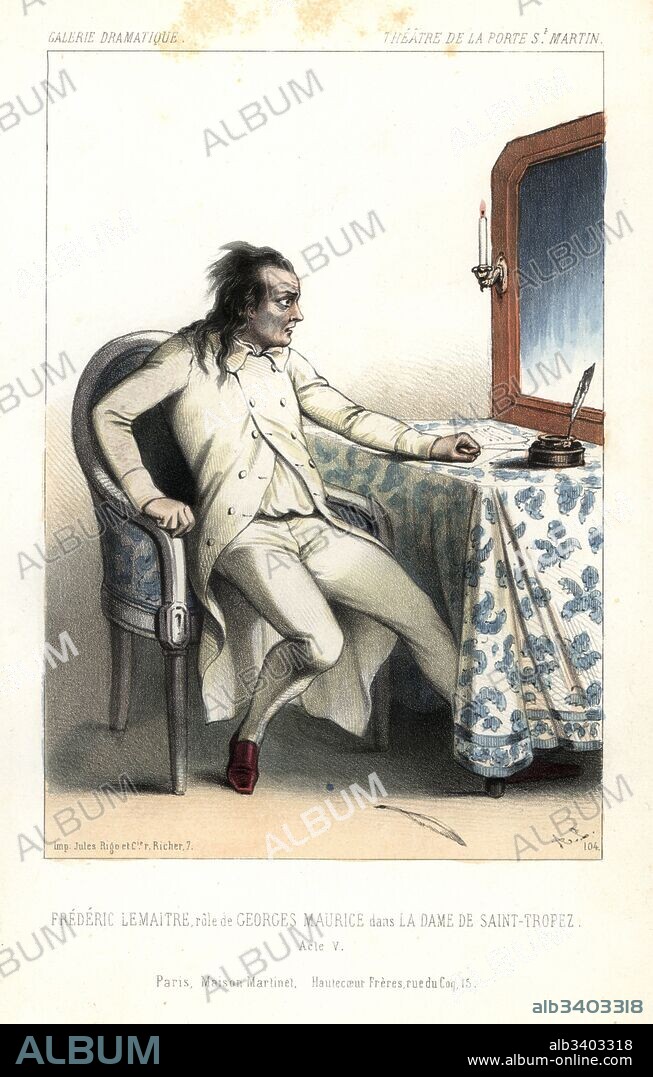Frederic Lemaitre as Georges Maurice in La Dame de Saint-Tropez, Act V, by Anicet-Bourgeois and Dennery, Theatre de la Porte St. Martin, 1844. Handcoloured lithograph after an illustration by Alexandre Lacauchie from Victor Dollet's Galerie Dramatique: Costumes des Theatres de Paris, Paris, 1844.