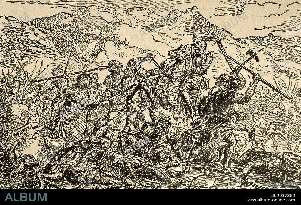 CARLOS EL TEMERARIO, Duque de Borgoña (1433-1477). Pertenecía a una rama menor de los Valois, que gobernaron Borgoña entre 1364-1482. "Muerte de Carlos El Temerario". Grabado. "Historia de España", año 1828.