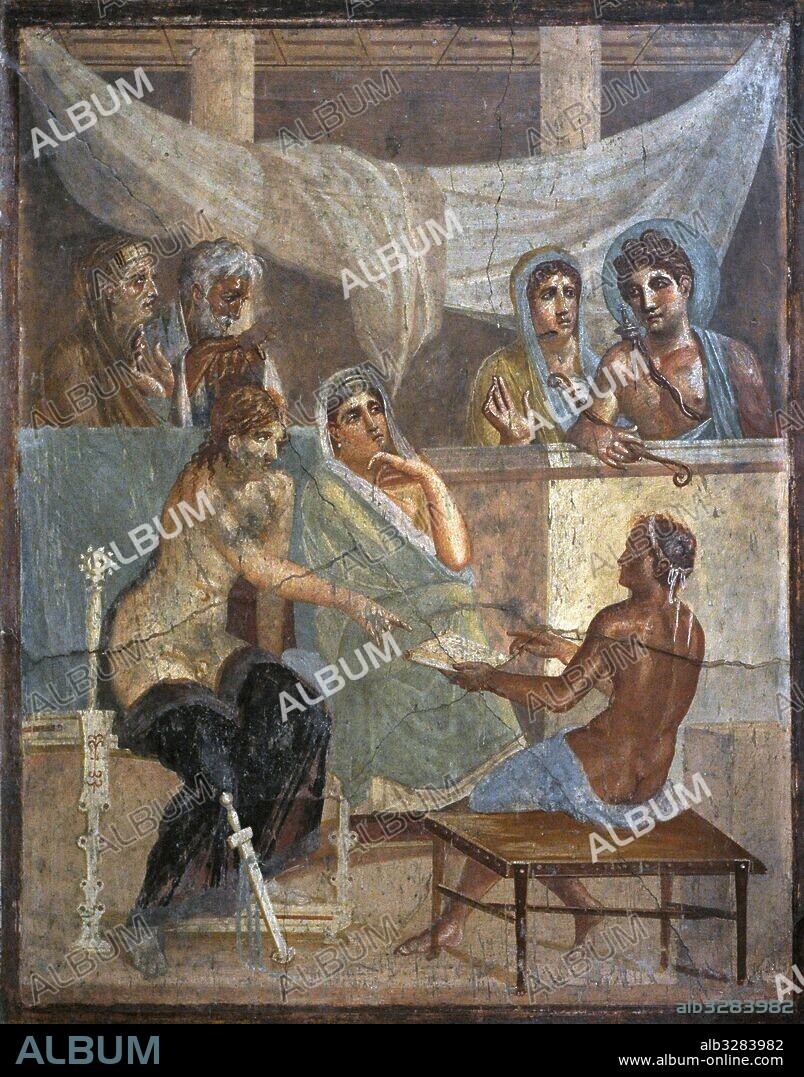 Fresco romano. Detalle del mito de Alcestis y Admeto. Casa del Poeta Trágico. Siglo I d. C. Pompeya. Museo Arqueológico Nacional. Nápoles. Italia.