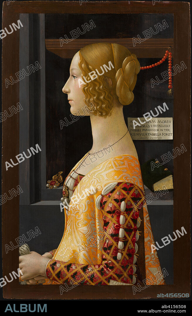 DOMENICO GHIRLANDAIO (círculo). Domenico Ghirlandaio (Florencia, 1448/1449-1494). Retrato de Giovanna degli Albizzi Tornabuoni (1489 - 1490). Técnica mixta sobre tabla. 77 x 49 cm.