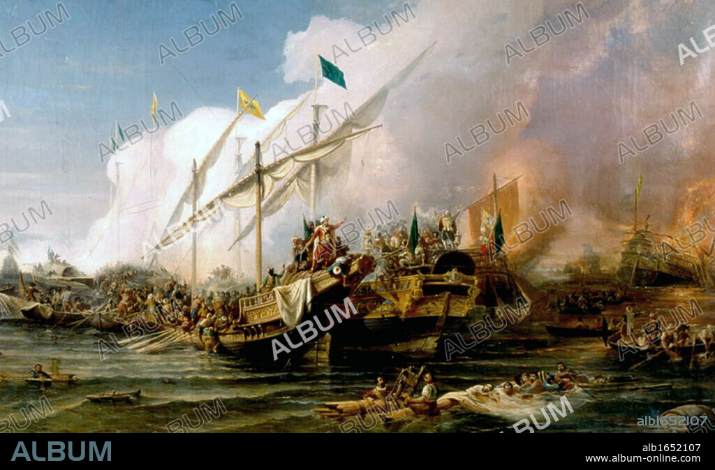 Barbarossa Hayreddin Pasha defeats the Holy League of Charles V under the command of Andrea Doria at the Battle of Preveza (1538) Painting from a later period (1866) by Ohannes Umed Behzad. Turkish Naval Museum, Istanbul.