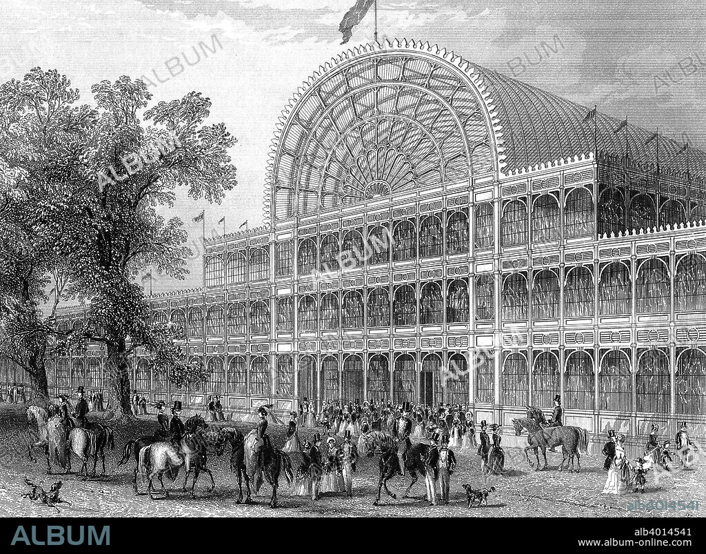 Exterior of the north transept of the Crystal Palace, London, built for the Great Exhibition, 1851. Conceived by Prince Albert, the Great Exhibition was intended to showcase the 'Works of the Industry of all Nations'. It was housed in the purpose-built Crystal Palace, the first large-scale prefabricated ferrovitreous (iron and glass) structure, designed by the gardener and architect Joseph Paxton. The prefabricated design made the construction, and later dismantling of the building, easier and quicker.
