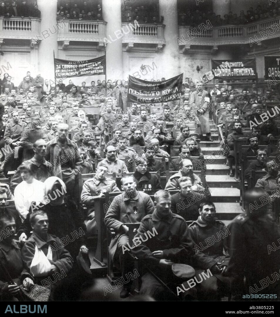 Soldiers Soviet of St. Petersburg meet in the Duma Chambers 1917. The October Revolution was a seizure of state power instrumental in the larger Russian Revolution of 1917. The revolution was led by the Bolsheviks, who used their influence in the Petrograd Soviet to organize the armed forces. Bolshevik Red Guards forces under the Military Revolutionary Committee began the takeover of government buildings on October 24,1917 (O.S.). The October Revolution in Petrograd overthrew the provisional government and gave the power to the local soviets. The Bolshevik party was heavily supported by the soviets. After the Congress of Soviets had its second session it elected members of the Bolsheviks and other leftist groups such as the Left Socialist Revolutionaries to key positions within the new state of affairs. The Congress of Soviets was the supreme governing body of the Russian Soviet Federative Socialist Republic from 1917-36 and again from 1989-91. After the creation of the Soviet Union, the Congress of Soviets of the Soviet Union functioned as its legislative branch until its dissolution in 1936. No photographer credited, dated 1917.