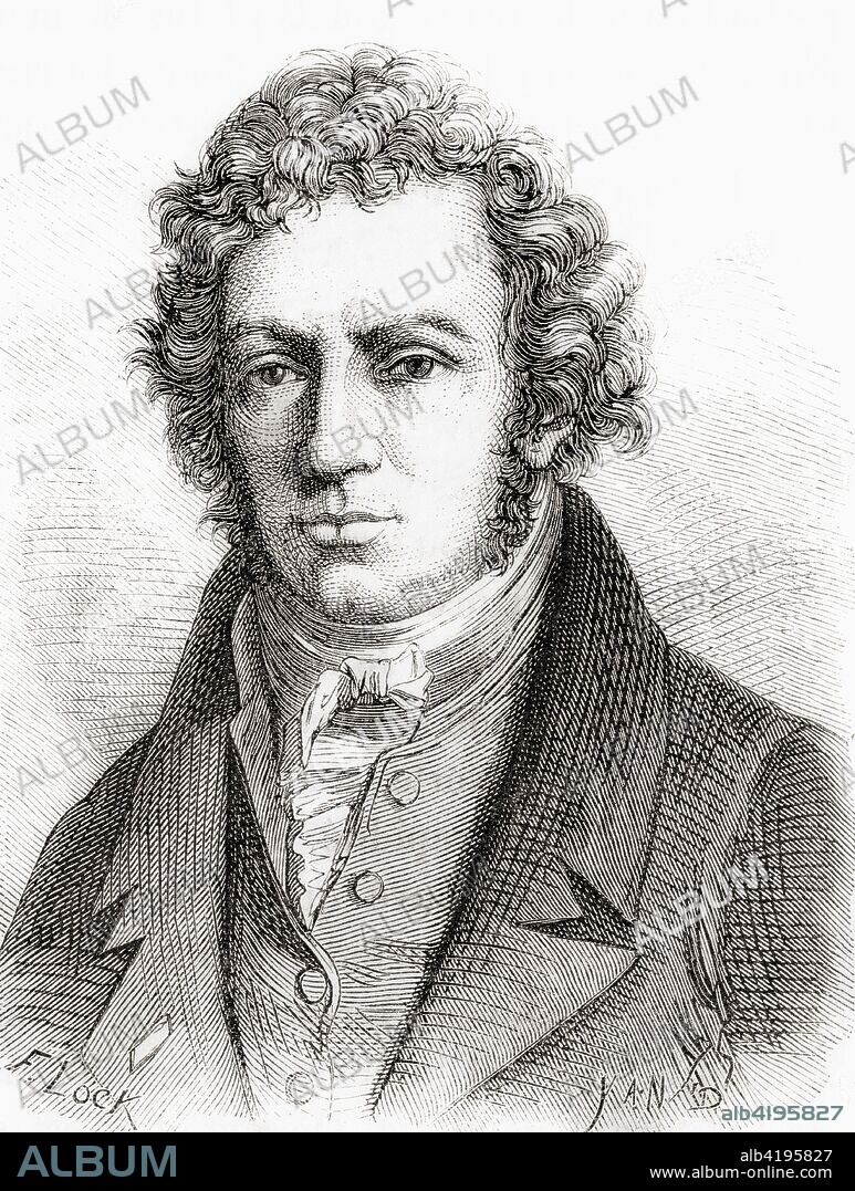 Andre-Marie Ampere, 1775 - 1836.  French physicist and mathematician, one of the founders of the science of classical electromagnetism, which he referred to as electrodynamics.  From Les Merveilles de la Science, published 1870.