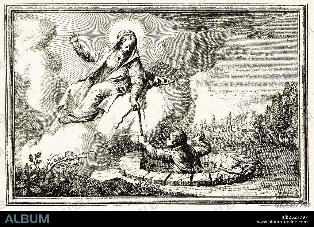 Vida de San Juan de la Cruz (1542-1591). Salvado por la Virgen María de su caída en un pozo. Grabado de 1890.