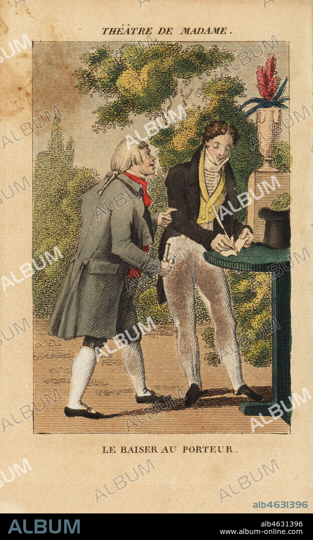 French actor Tonon Gontier (1785-1841) as Colonel Derville and Bernard-Leon (1785-1858) as farmer Thibaut in the comedy Le Baiser au Porteur by Eugene Scribe at the Theatre de Madame, 1824. Handcoloured copperplate engraving from Charles Malo's Almanach des Spectacles par K. Y. Z, Chez Louis Janet, Paris, 1825.