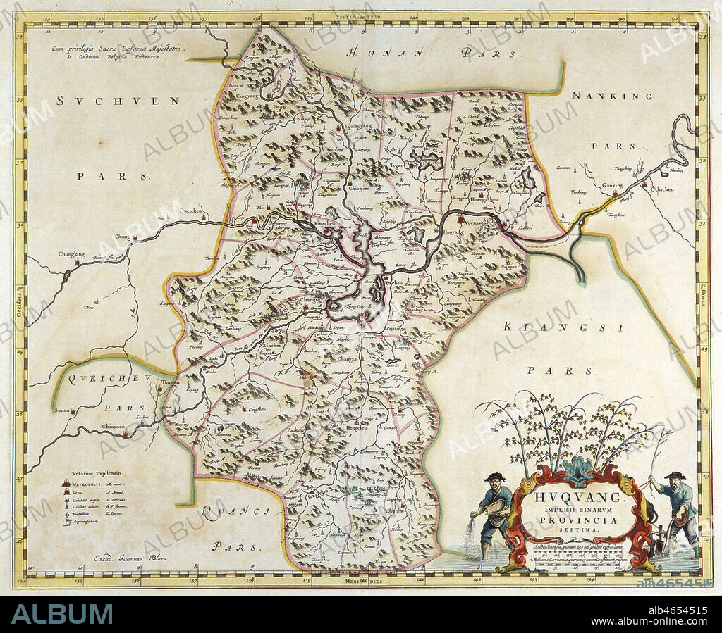 La province chinoise de Huguang traversee par le Yang Tse Kiang. Carte geographique realisee par BLAEU en 1640. Credit : Collection Mx/KHARBINE-TAPABOR.