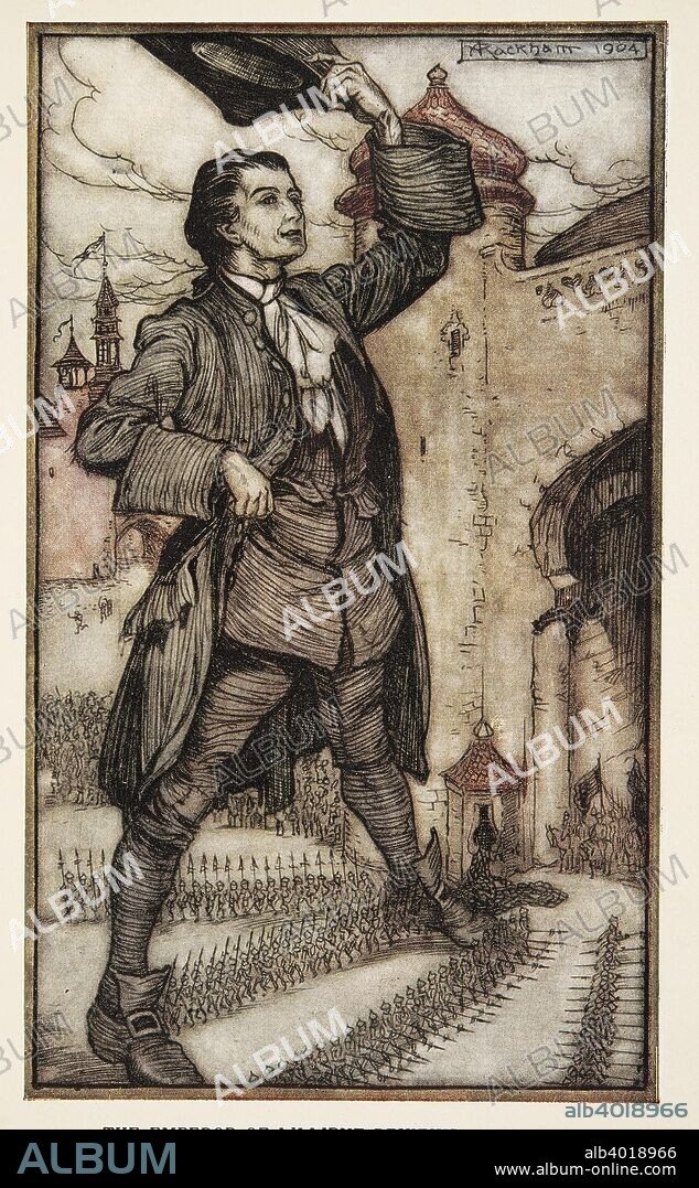 The Emperor of Lilliput Reviews His Troops, from Gulliver's Travels by Jonathon Swift (1667 - 1745), pub. 1909 (colour lithograph).