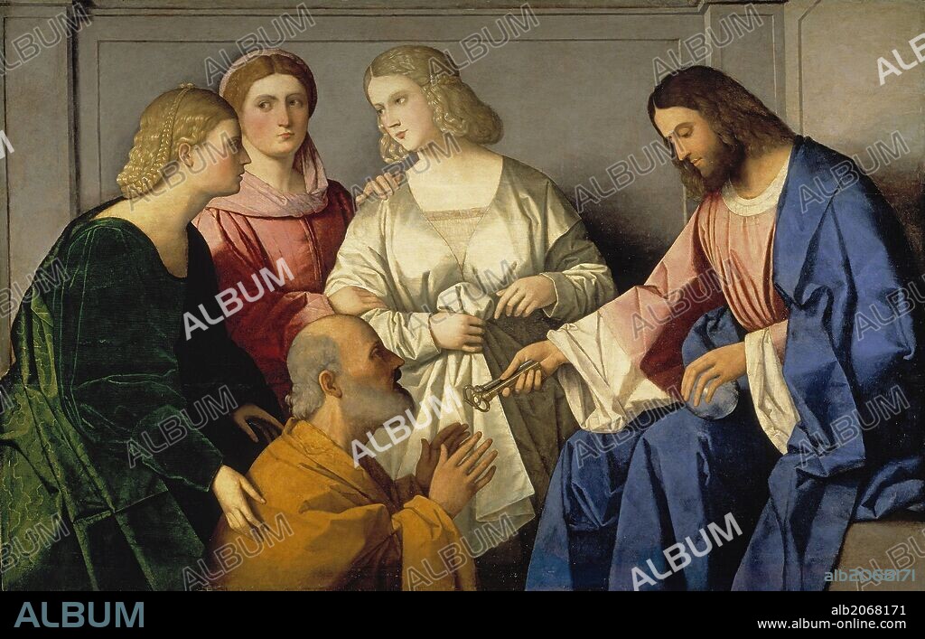 Vincenzo Catena / 'Cristo entregando las llaves a San Pedro', Hacia 1520, Escuela Italiana, Óleo sobre Tabla, 86 cm x 135 cm, P00020.