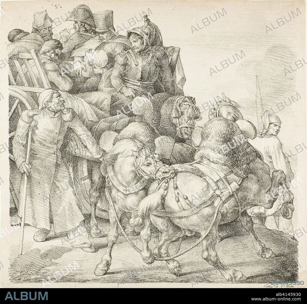 Wagon Laden with Wounded Soldiers. Jean Louis André Théodore Géricault (French, 1791-1824); printed by Charles Étienne Pierre Motte (French, 1785-1836). Date: 1818. Dimensions: 290 × 295 mm (image); 295 × 312 mm (sheet). Lithograph in black on cream wove paper. Origin: France.