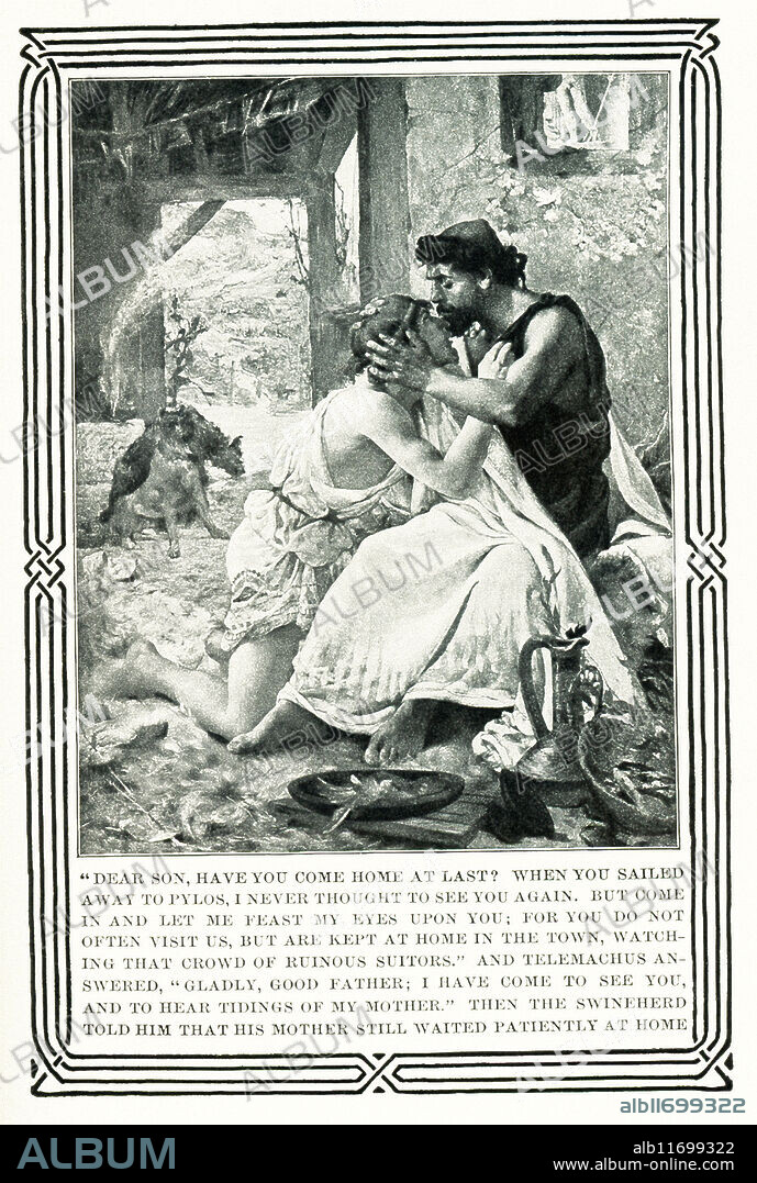 According to Greek mythology and legend, Telemachus was the son of Penelope and Odysseus, a Trojan War hero whose return trip home took 10 years. In the epic, Odyssey, by the Greek poet Homer, Telemachus asked the gods to him find his father. In this 1907 illustration, Odysseus makes himself known to his son after he finally returned home - but he keeps his presence a secret until he rids his palace of the suitors trying to win his wife's hand in marriage.