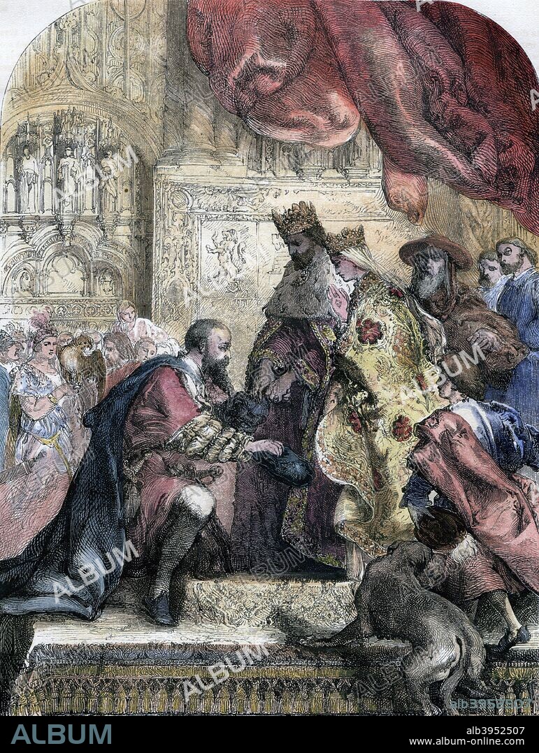 Reception of Columbus by Ferdinand and Isabella in the 'Casa de la Deputacion', Barcelona, 15th century, (19th century). Christopher Columbus with the King and Queen of Spain. Hand-coloured later.