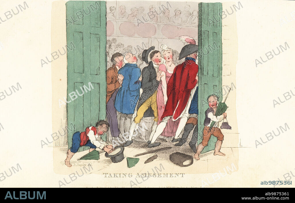 English gentleman with lady in a riot at the opera, Regency era. Tom Takeall with Delia in the pit at the theatre. Regency dandy in hat, riding coat, breeches and hose. Two boys steal lost fans, hats, muffs, canes, parasols and purses. Taking Amusement. Handcoloured copperplate engraving by William Henry Brooke after a drawing by Richard Dagley from Takings, or the Life of A Collegian, John Warren, London, 1821.