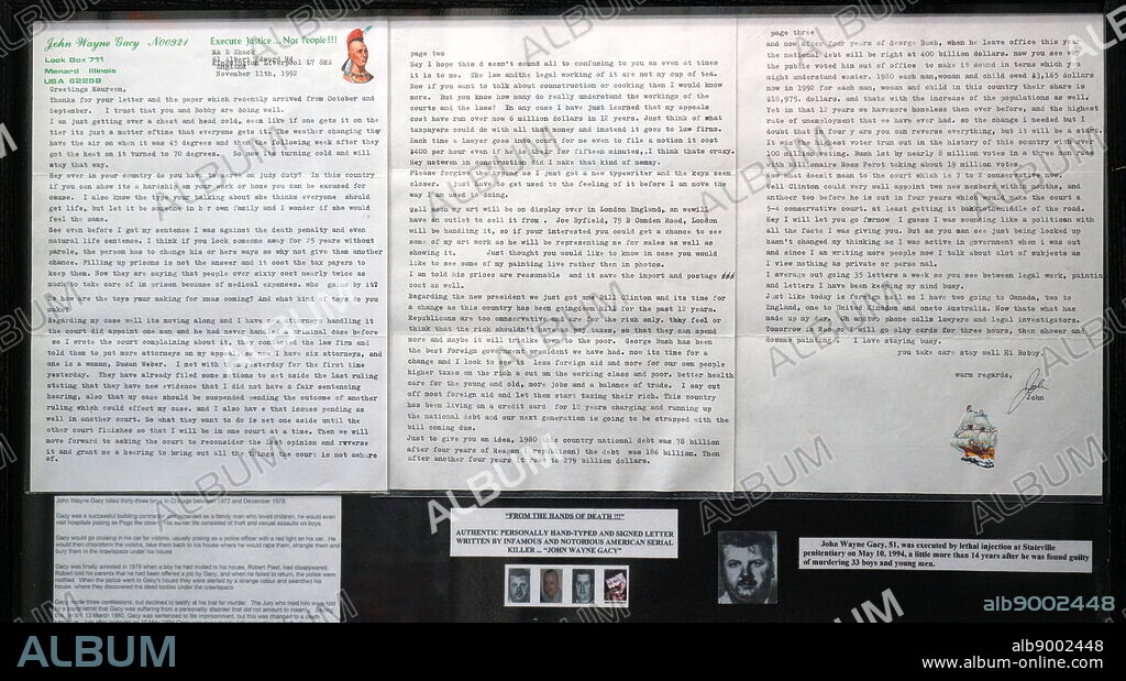 Hand-typed letter written and signed by John Wayne Gacy. John Wayne Gacy Jr. (1942-1994) an American serial killer and rapist during the 1970s.