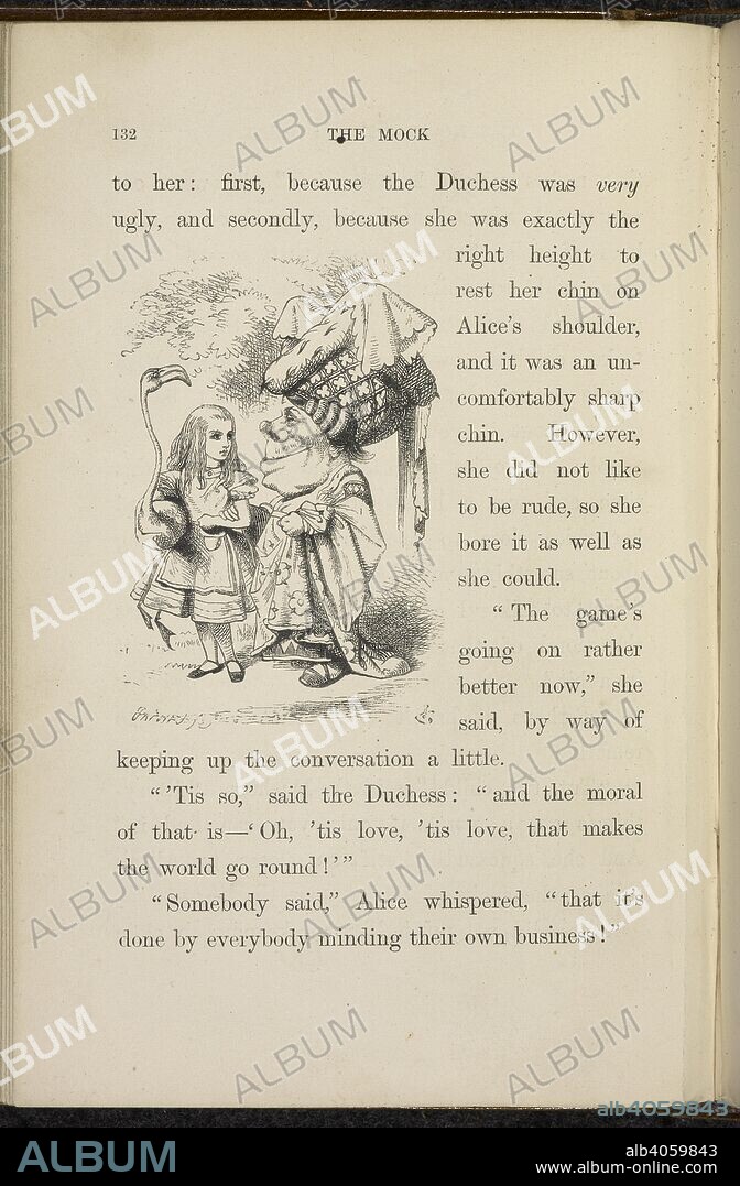 Alice carrying the stork, and talking to the Duchess. Alice's Adventures in Wonderland. With forty-two illustrations by John Tenniel. London : Macmillan & Co., 1866 [1865]. Source: C.59.g.11 page 132.
