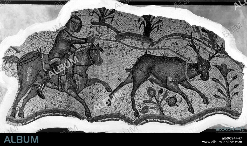 Stag Hunting and Buck Hunting. Mosaic scene from Carthage, 500 AD. From Encyclopedia of the Horse page 301.