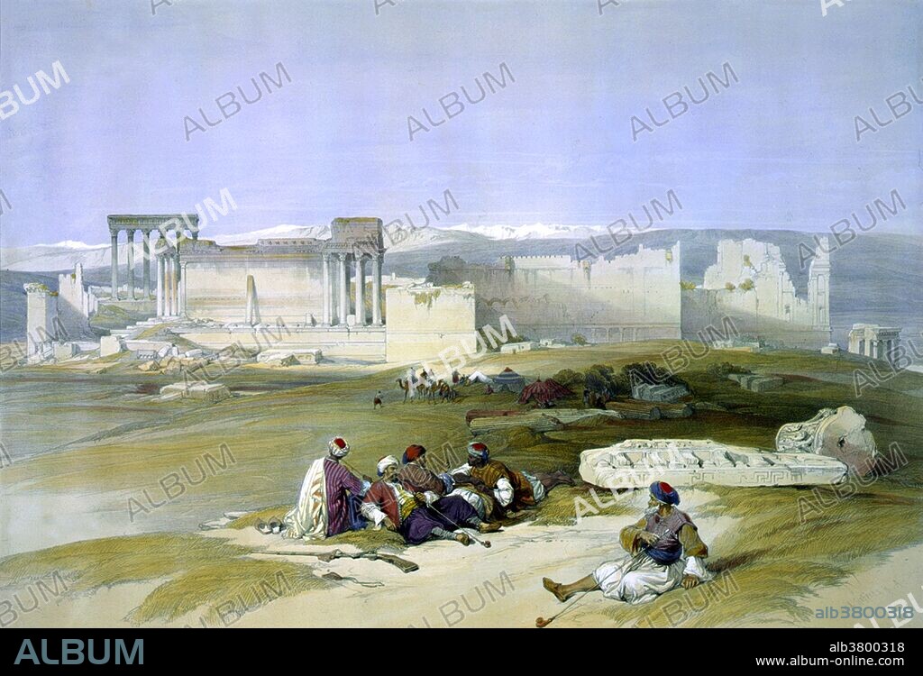 Baalbek is a town in the Beqaa Valley of Lebanon situated east of the Litani River. After Alexander the Great conquered the Near East in 334 BC, the existing settlement was named Heliopolis. The city retained its religious function during Greco-Roman times, when the sanctuary of the Heliopolitan Jupiter-Baal was a pilgrimage site, and one of the largest sanctuaries in the empire. Starting in the last quarter of the 1st century BC (reign of Augustus) and over a period of two centuries (reign of Philip the Arab), the Romans had built a temple complex in Baalbek consisting of three temples: Jupiter, Bacchus and Venus. On a nearby hill, they built a fourth temple dedicated to Mercury. David Roberts (October 24, 1796 - November 25, 1864) was a Scottish painter. He is especially known for a prolific series of detailed lithograph prints of Egypt and the Near East that he produced from sketches he made during long tours of the region (1838-1840).