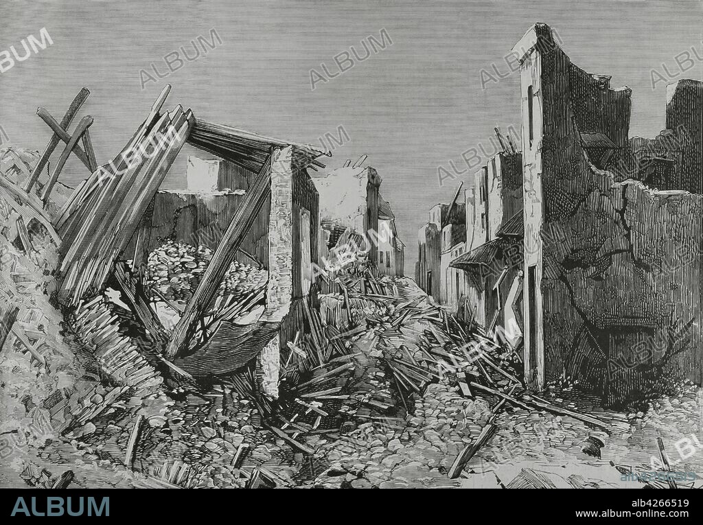 Greece, Greek Islands. Chios earthquake on April 3, 1881. Ruins of Aplotaria Street and the public market, in the capital of the island. Engraving by Bernardo Rico (1825-1894). La Ilustracion Espa–ola y Americana, 1881.