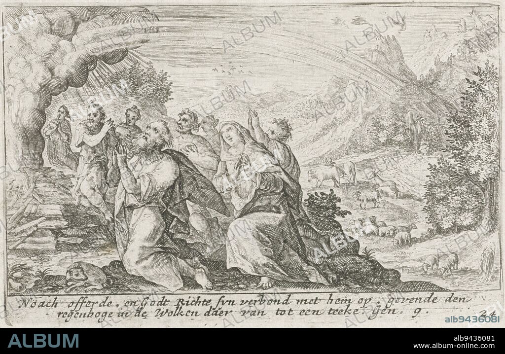 The Sacrifice of Noah, Crispijn van de Passe (I), 1700 - 1750, Noah and his family kneel before the altar, where they are sacrificing a lamb. In awe, they look to the sky where a rainbow appears, as a sign of the covenant. In the margin a two-line caption in Dutch., print maker: Crispijn van de Passe (I), publisher: Isaac Greve, print maker: Utrecht, publisher: Amsterdam, 1700 - 1750, paper, engraving, h 82 mm × w 127 mm.