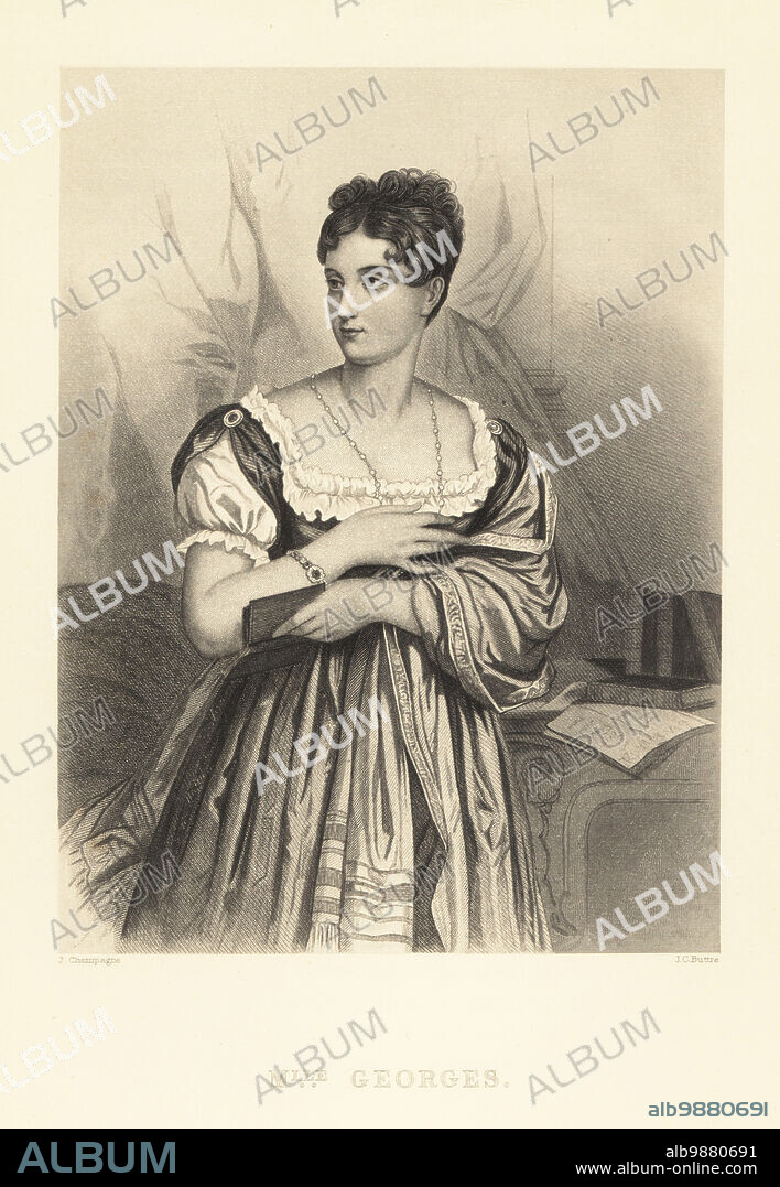 Mlle. Georges, Marguerite Georges, 17871867, French stage actress. Known for her affair with Napoleon, and later with the Duke of Wellington. Steel engraving by J.C. Buttre after a portrait by Jules Champagne from Frank B. Goodrichs The Court of Napoleon or Society under the First Empire, J. B. Lippincott, Philadelphia, 1875.