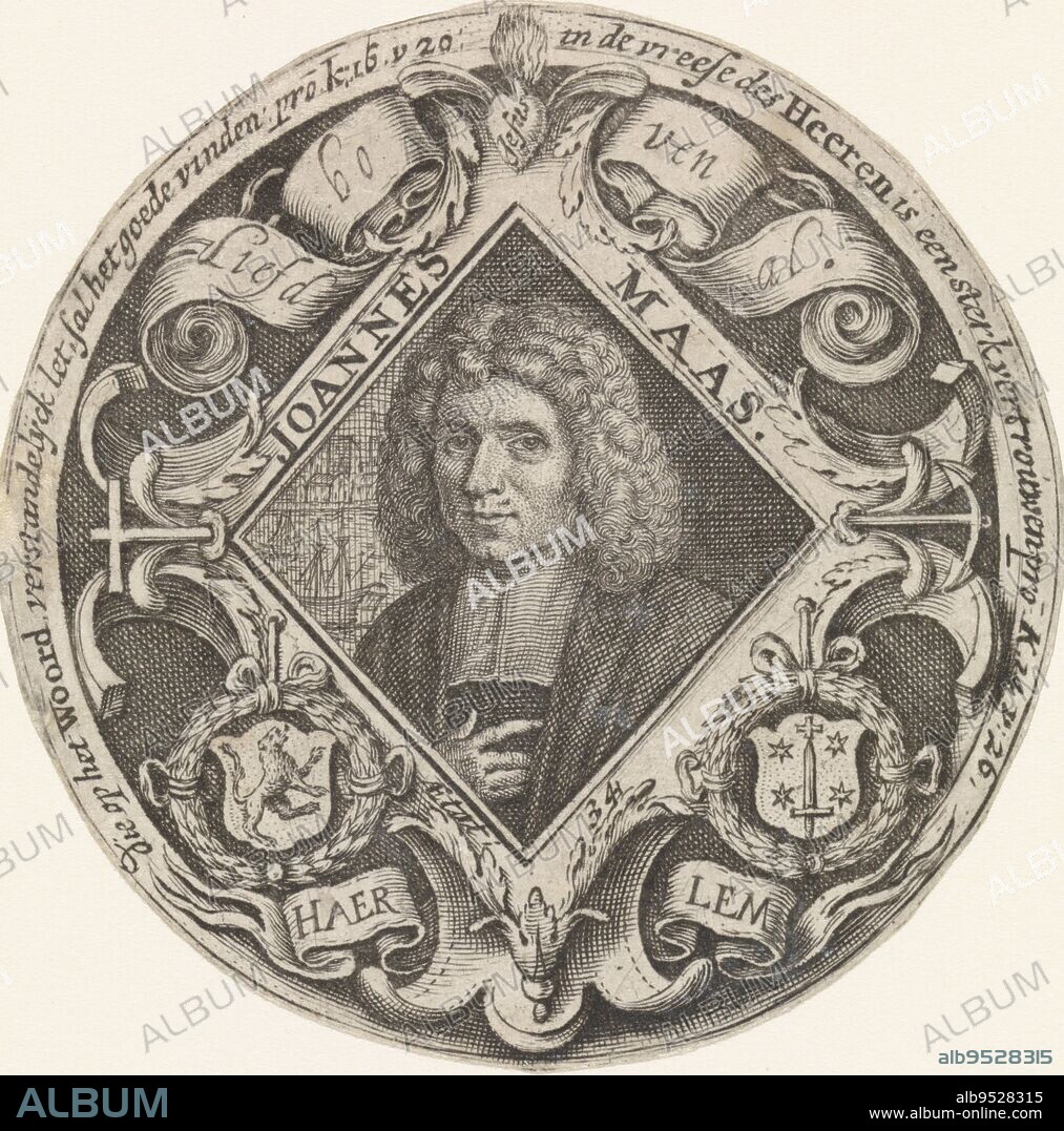Portrait of Johannes Maas, Jacob Matham, after Karel van Mander (I), 1695, Portrait of Johannes Maas at age 34, in a diamond-shaped frame. At top a banderole with the motto: Love above all. Below, the arms of Holland (left) and Haarlem (right)., print maker: Jacob Matham, Karel van Mander (I), Haarlem, 1695, paper, engraving, d 78 mm.