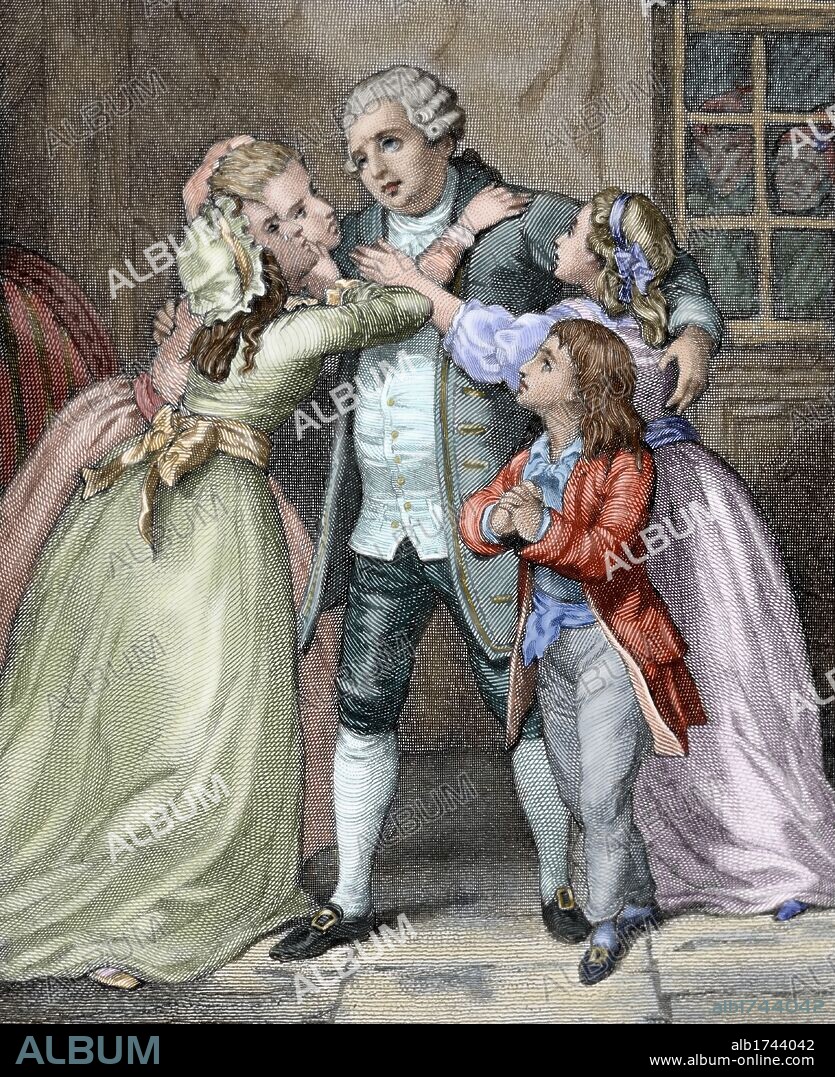 LUIS XVI (Versalles,1754-París,1793). Rey de Francia (1774-1792). En 1770 contrajo matrimonio con María Antonieta. "ADIOS DE LUIS XVI A SU FAMILIA" para ser ejecutado durante la Epoca del Terror (1793). Grabado coloreado de "Historia Universal", 1869.