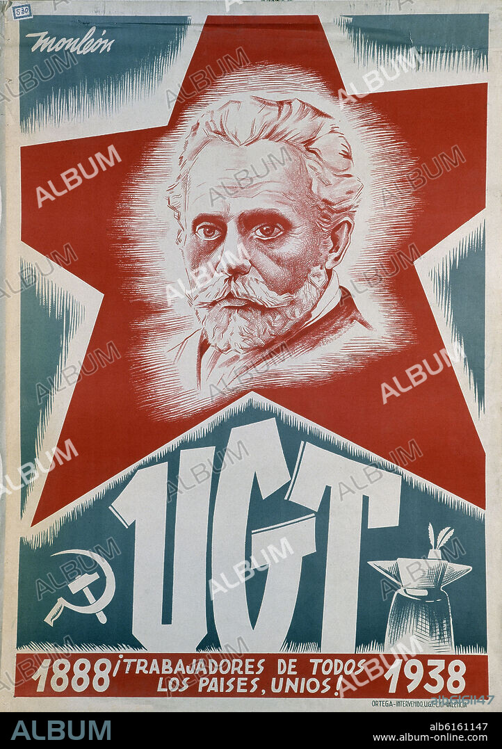 MANUEL MONLEON (1904-1976). CARTEL GUERRA CIVIL-UGT TRABAJADORES UNIDOS.