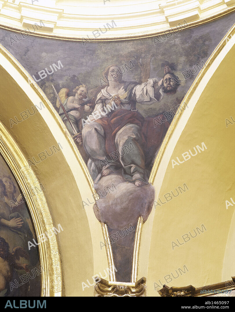José Luzán (Zaragoza, 1710-1785). Pintor español formado en Italia, gracias al mecenazgo de la familia Pignatelli, aristócratas aragoneses. Judith. Pintura mural de una de las pechinas. Iglesia de San Miguel de los Navarros. Zaragoza, Aragón, España.