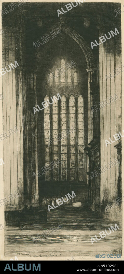 The Five Sisters, York Minister, Sir David Young Cameron, 18651945, British, 1907, Etching and drypoint, arches, architectural subject, carvings, cathedral, church, columns (architectural elements), grisaille, lancet windows, lattice windows, men, minster, pews, shadows, shields (heraldry), shields (motifs), stained glass, transept, women, England, United Kingdom, York, York, York Minster.