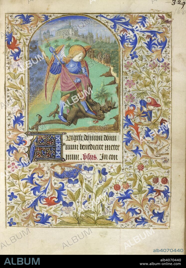 St George and the dragon. Book of Hours. France; mid 15th century. [Miniature and text] Prayers to St George. The saint slaying the dragon, with landscape and a town in the distance. Text beginning with decorated initial 'A'  Image taken from Book of Hours.  Originally published/produced in France; mid 15th century. . Source: Add. 28785, f.166. Language: Latin and French.