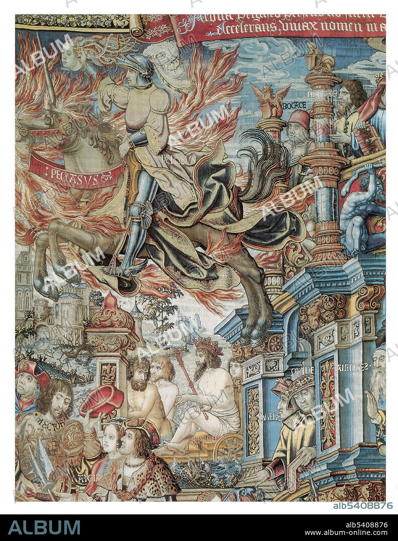 Detail from The Honors shows Perseus, Medusa, Pegasus, Neptune, Hector, Marcia and Helenus, and the authors Buccaccio, Pronapides, Homer and Ovid. The series of tapestries known as The Honors was woven by Pieter van Aelst, an upholsterer of the Brussels court. The manufacture of the cloth series celebrates the election of Charles of Habsburg for the dignity of emperor of the Holy Roman Empire, in 1519, and his coronation in Aachen, on October 23, 1520. The cloths illustrate the young sovereign about the virtues he must cultivate and the vices he must fail to obtain the highest rewards.