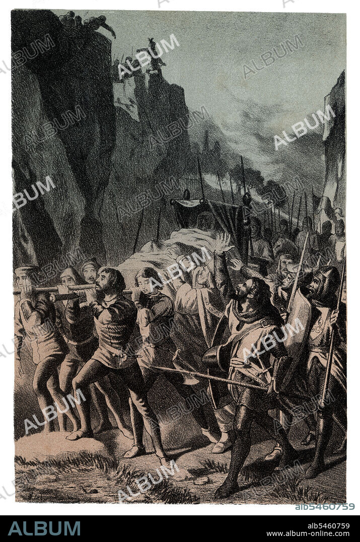 Batalla del Coll de Panissars. Huída del ejército francés de Felipe III por el paso de Panissars en el año 1285 tras ser derrotado por el rey de la Corona de Aragón Pedro III el Ceremonioso. Grabado de 1881.