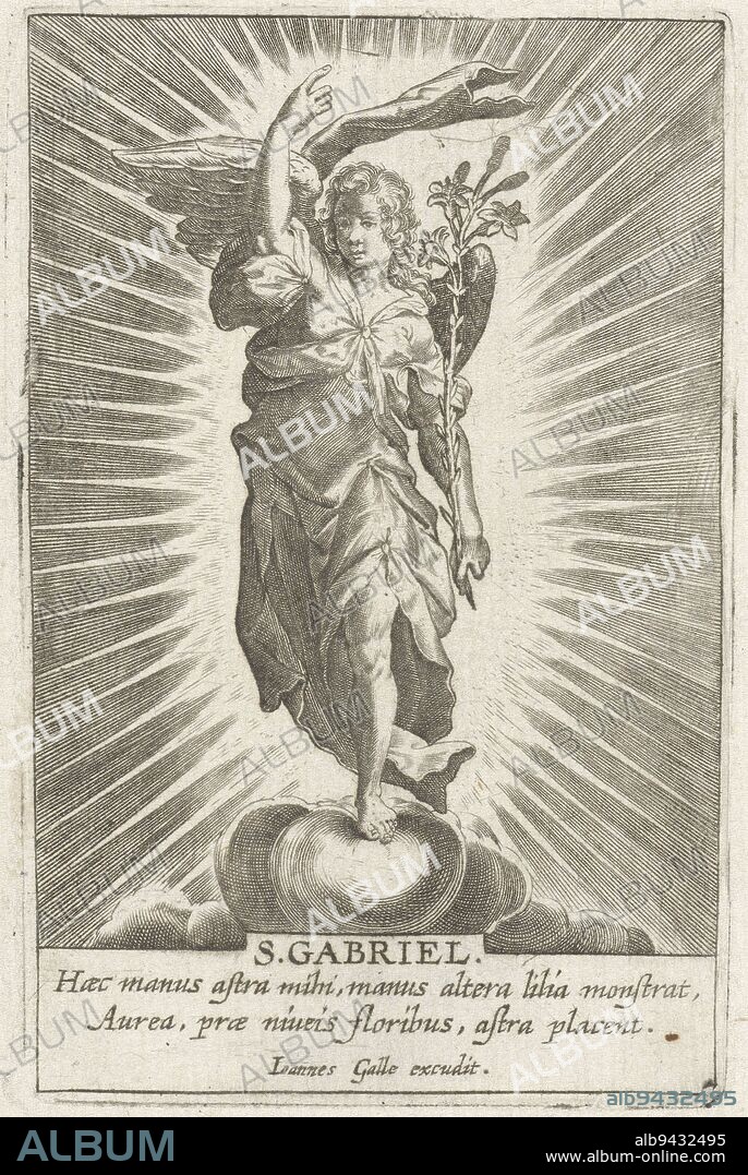 Archangel Gabriel with Lily Branch, publisher: Joannes Galle, (mentioned on object), print maker: anonymous, Antwerp, c. 1626 - c. 1676, paper, engraving, h 88 mm × w 56 mm.
