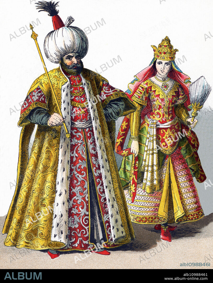 These figures represent a Sultan and a Sultana in the Ottoman Empire in 1500. The illustration dates to 1882.
