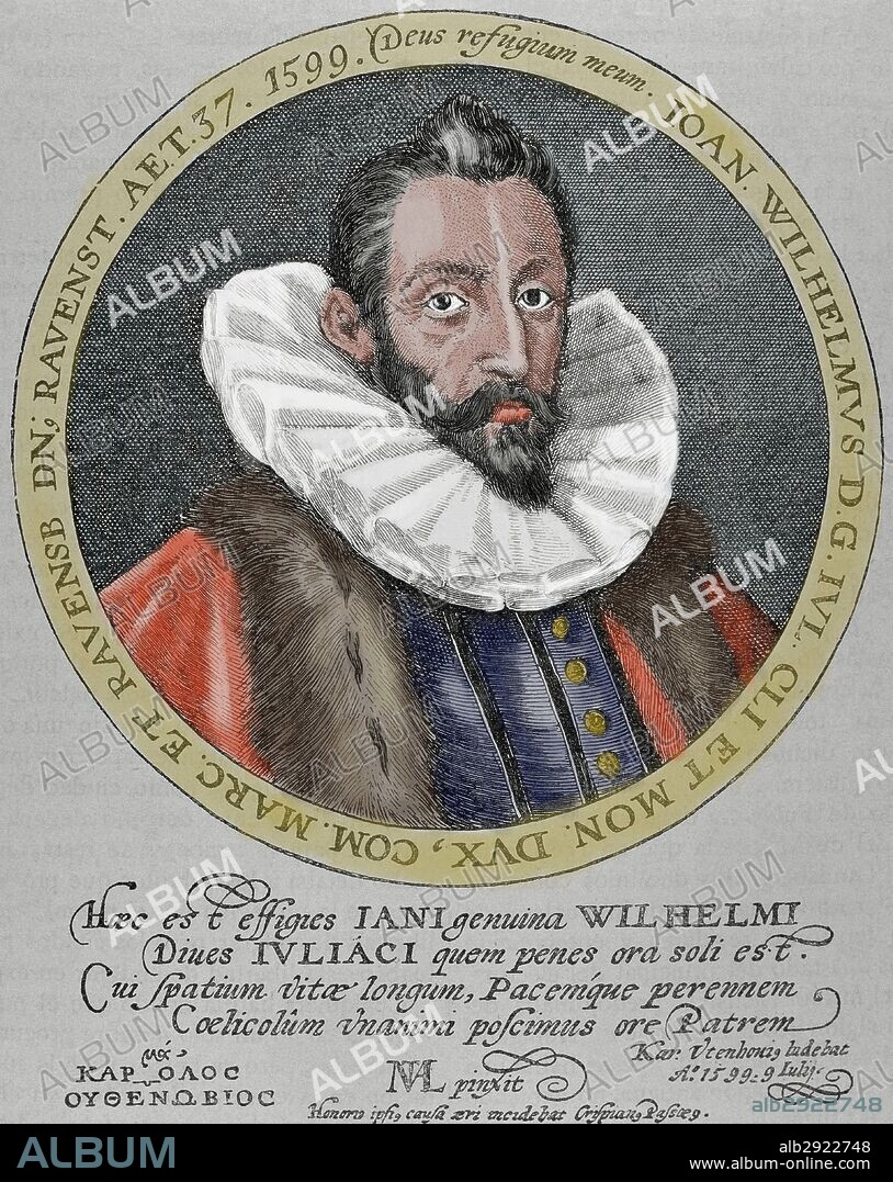 JUAN GUILLERMO DE CLEVERIS (1562? -1609). Noble y religioso alemán. Fue duque de Jülich, Cléveris, Mark y Berg, conde de Altena y obispo de Münster. Grabado de Crispin de Passe. Coloreado.