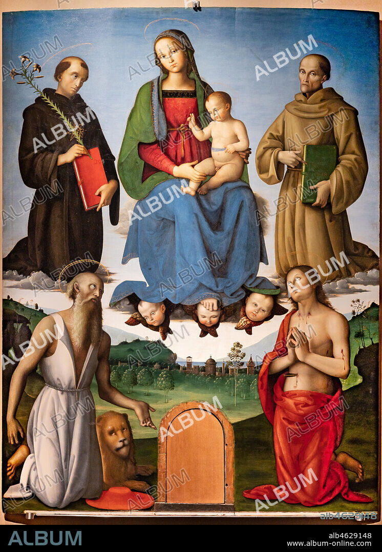 Perugia, National Gallery of Umbria: Pala (Altarpiece) Tezi, by Pietro di Cristoforo Vannucci, known as Perugino, 1500, oil on wood. The Madonna with Child are surrounded by the Saints Nicola da Tolentino, Bernardino da Siena, Girolamo, Sebastiano. At her feet heads of cherubs.