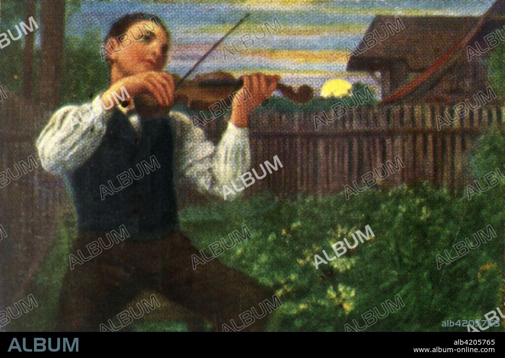 The Moonlight Violinist, c1928. After 'Der Mondscheingeiger' of 1890 by Hans Thoma. From "Die Welt in Bildern", (The World in Pictures), cigarette card album, c1928. [Georg A Jasmatzi, A.-G., Dresden, Germany].