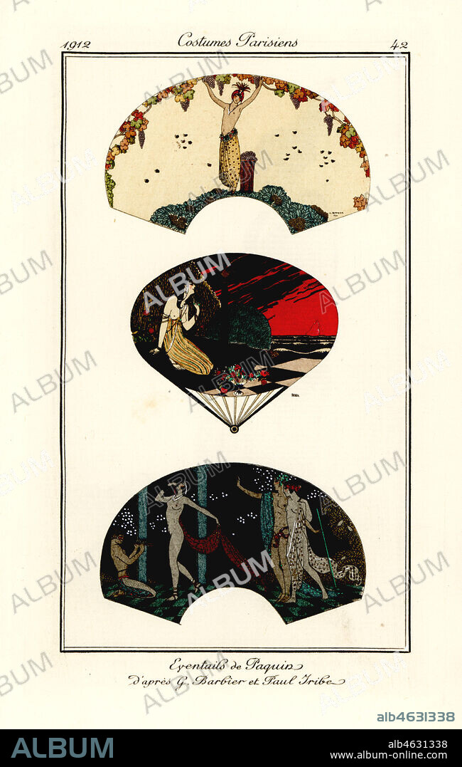 Fans by Jeanne Paquin after designs by George Barbier and Paul Iribe. Eventails de Paquin. Handcoloured pochoir (stencil) etching from Tommaso Antonginis Journal des Dames et des Modes, Aux Bureaux du Journal des Dames, Paris, 1912.
