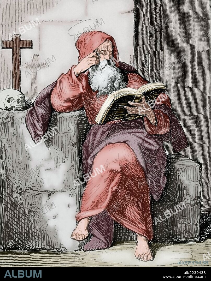 San Isaac de Córdoba (m. 851). Monje y mártir en la provincia hispánica de Andalucia, en tiempos de la dominación musulmana. Grabado por Coderch "Año Cristiano", 1852. Coloreado.