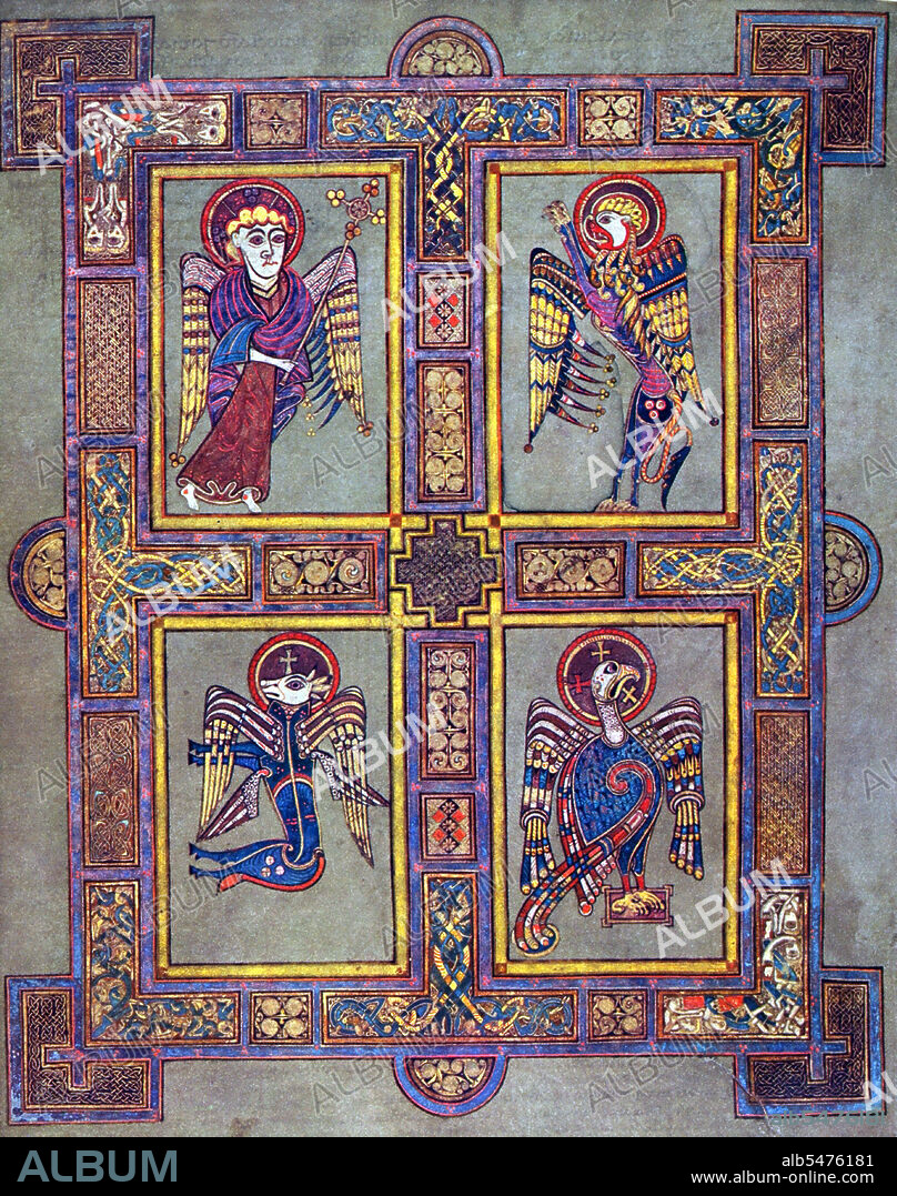 The Book of Kells (Irish: Leabhar Cheanannais) (Dublin, Trinity College Library, MS A. I. (58), sometimes known as the Book of Columba) is an illuminated manuscript Gospel book in Latin, containing the four Gospels of the New Testament together with various prefatory texts and tables. It was created by Celtic monks ca. 800 or slightly earlier. The text of the Gospels is largely drawn from the Vulgate, although it also includes several passages drawn from the earlier versions of the Bible known as the Vetus Latina. It is a masterwork of Western calligraphy and represents the pinnacle of Insular illumination. It is also widely regarded as Ireland's finest national treasure. The illustrations and ornamentation of the Book of Kells surpass that of other Insular Gospel books in extravagance and complexity. The decoration combines traditional Christian iconography with the ornate swirling motifs typical of Insular art. Figures of humans, animals and mythical beasts, together with Celtic knots and interlacing patterns in vibrant colours, enliven the manuscript's pages. Many of these minor decorative elements are imbued with Christian symbolism and so further emphasise the themes of the major illustrations. The manuscript today comprises 340 folios and, since 1953, has been bound in four volumes. The leaves are on high-quality calf vellum, and the unprecedentedly elaborate ornamentation that covers them includes ten full-page illustrations and text pages that are vibrant with decorated initials and interlinear miniatures and mark the furthest extension of the anti-classical and energetic qualities of Insular art. The Insular majuscule script of the text itself appears to be the work of at least three different scribes. The lettering is in iron gall ink, and the colours used were derived from a wide range of substances, many of which were imports from distant lands. The manuscript takes its name from the Abbey of Kells that was its home for centuries. Today, it is on permanent display at the Trinity College Library, Dublin.